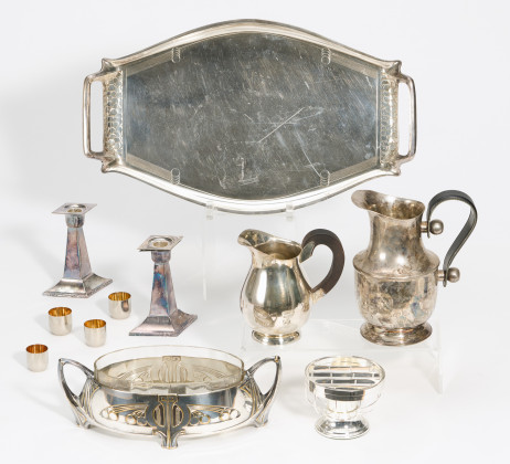 Four piece coffee and tea set with twisted contours and tray